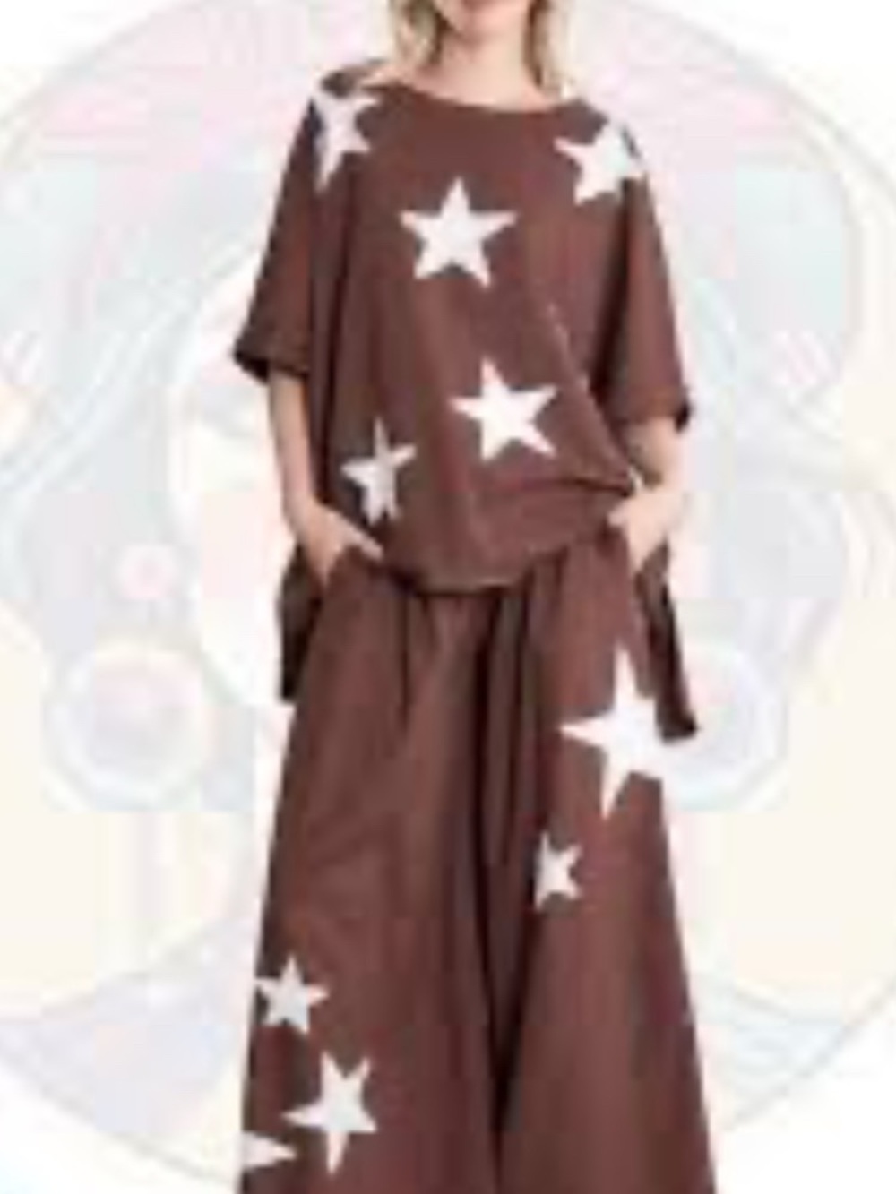 Blue Velvet Women’s Chocolate White Star Patch Short Sleeve Blouse & Pants set